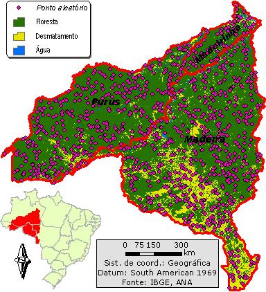 diversificando cada vez mais. A bacia do rio Purus compreende uma área de 350.000 km 2. As áreas das bacias do rio Madeira e Madeirinha, também ilustradas na figura 1, totalizam 515.000 km 2 e 54.