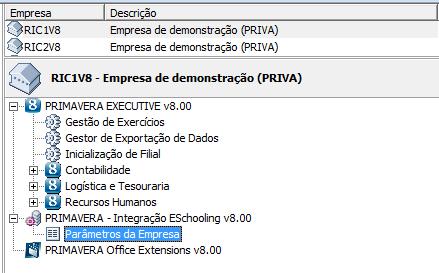 disponível para modificação os Parâmetros da Empresa na aplicação PRIMAVERA Integração Eschooling v8.