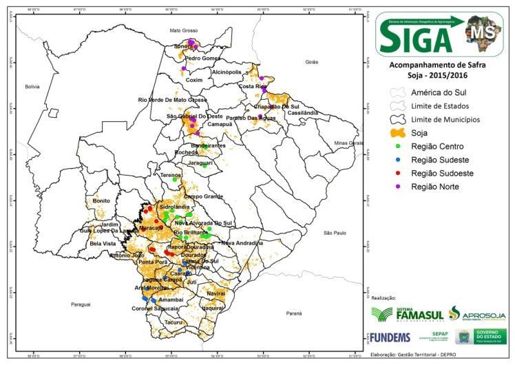 REGIÃO CENTRO Municípios: Jaraguari, Bandeirantes, Terenos, Sidrolândia, Nova Alvorada do Sul e Rio Brilhante. Variedade: As mais citadas foram BMX Potência e M6410IPRO.