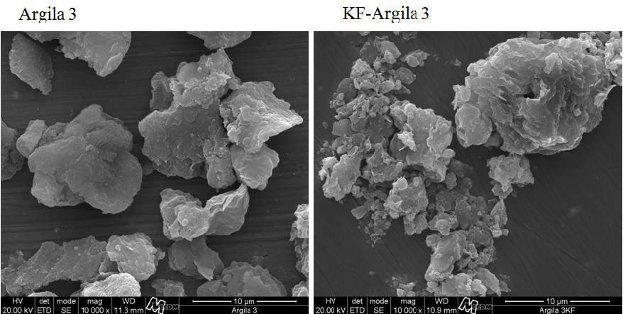 Figura 5. 10: MEV (a) Argila 3 e (b) KF-Argila 3 ampliada 10 vezes. O sistema EDS permitiu analisar as amostras qualitativamente e semiquantitativamente. Na Tabela 5.