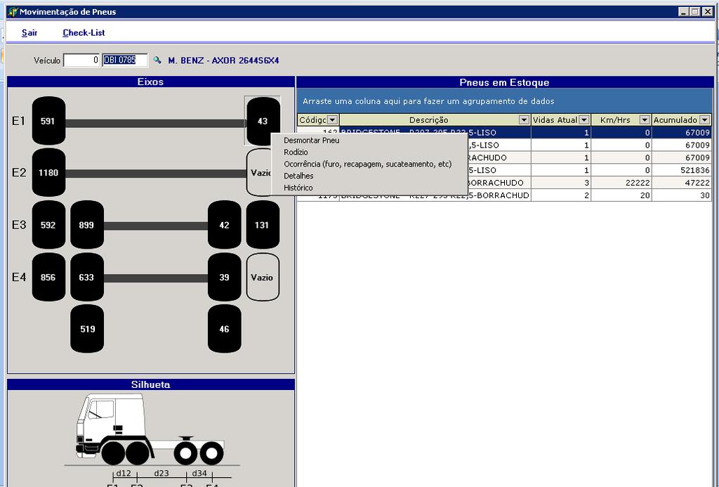 consultar histórico, consultar os dados do pneu e imprimir um check-list de montagem dos pneus.