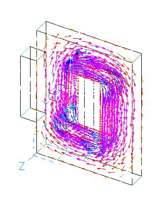 82 Figura 7.2. Distribuição dos vetores de campo magnético. Para o primeiro caso considera-se o sistema alimentado em tensão. A Fig. 7.3 mostra as curvas de tensão (sinusoidal imposta) e corrente nos terminais da bobina.