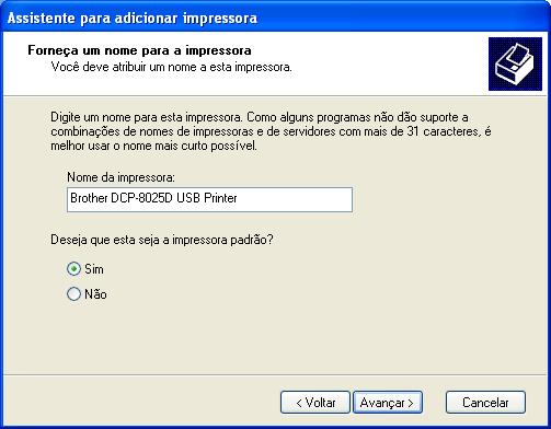 Seleccione Yes [Sim] ou No [Não] se pretende que este controlador seja a impressora pré-definida.