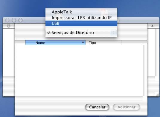 A Clique no ícone do Print Center. E Seleccione Quit Printer Center no menu Print Center. Configurar o aparelho B Clique em Adicionar impressora.