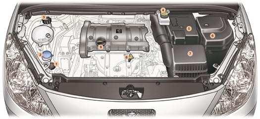 VERIFICAÇÕES MOTOR A GASOLINA 1,6 LITROS 16V 9 1. Reservatório da direcção assistida. Reservatório do lava-vidros e do lava-faróis.