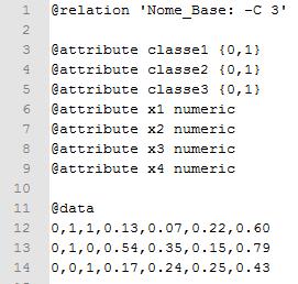 55 Figura 16 - Exemplo de arquivo no formato ARFF Na Figura 16, a linha prefixada com @relation é referente as características da base de dados, onde Nome_Base é o nome do conjunto e 3 é a sua