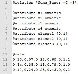 58 Figura 18 - Exemplo de arquivo no formato ARFF para MULAN Na Figura 18, a linha prefixada com @relation se refere as características da base de dados, onde Nome_Base é o nome do conjunto e 3 é a