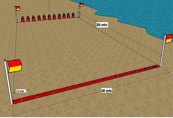 I - A prova será realizada em raias de 20m, na areia fofa. Haverá um máximo de 15 competidores para 14 nadadeiras por bateria.