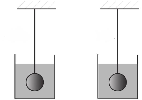 QUESTÃO 15 A figura seguinte mostra dois corpos 1 e 2 idênticos, em repouso, completamente imersos em recipientes com o mesmo líquido, próximos à superfície da Terra e da Lua, respectivamente.