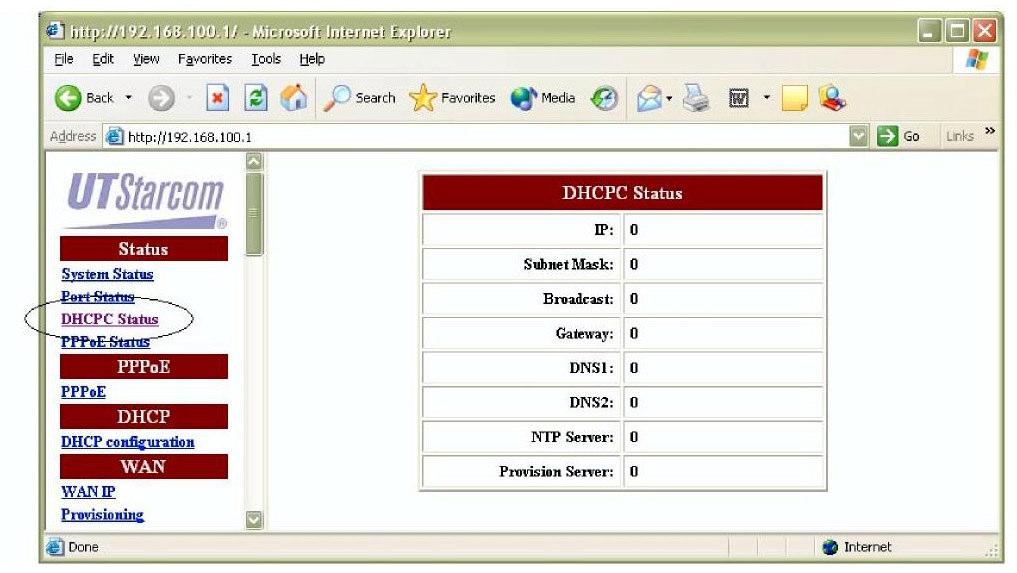 C-6 Nota do Editor Manual de Administração ian-02ex Figura 4-6 : Status DHCPC Status Campo IP Subnet Mask Broadcast Gateway DNS1 DNS2 NTP Server Provision Server Descrição O Endereço IP do Gateway de