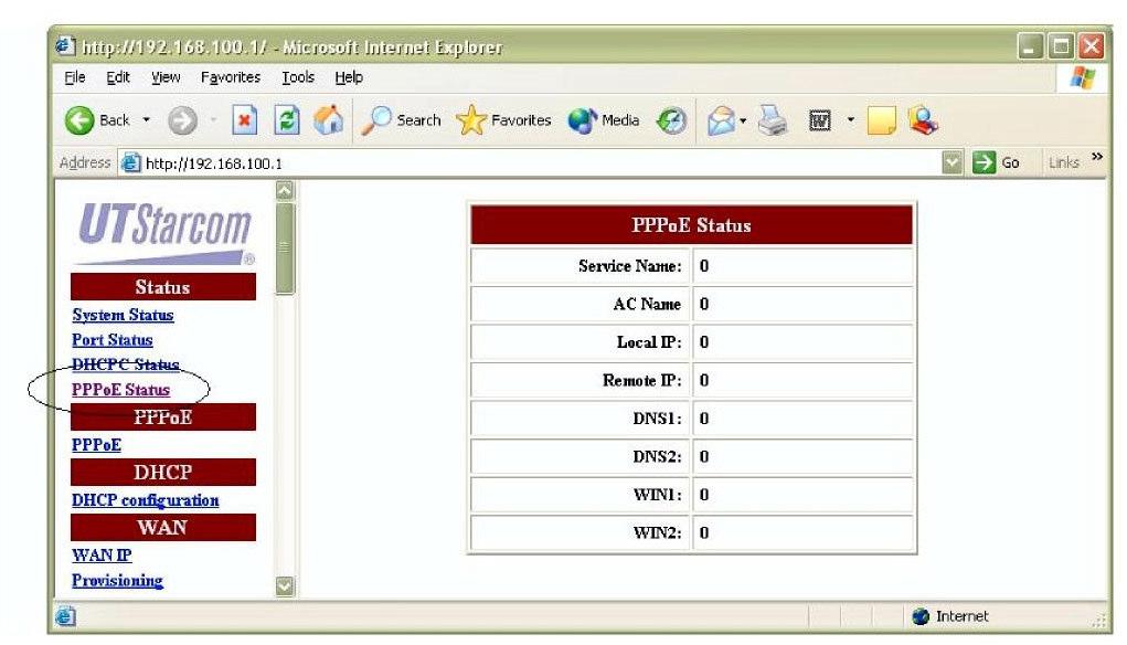 Manual de Administração ian-02ex Nota do Editor C-7 4.2.4 PPPoE Status Se o modo PPPoE estive habilitado, o usuário poderá checar o estado clicando em PPPoE Status no painel esquerdo.