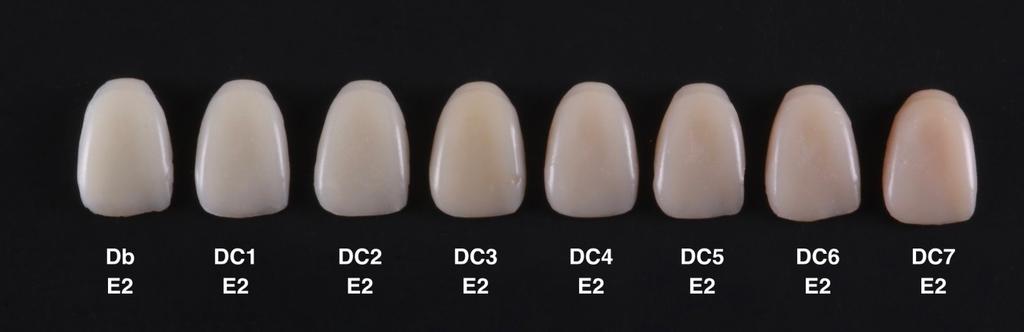 As cores de dentina são chamadas de Dentin Chroma, representadas pela sigla DC e ordenadas por sua saturação sendo 7 para dentes naturais (DC1, DC2, DC3, DC4, DC5, DC6, DC7) e uma para dentes