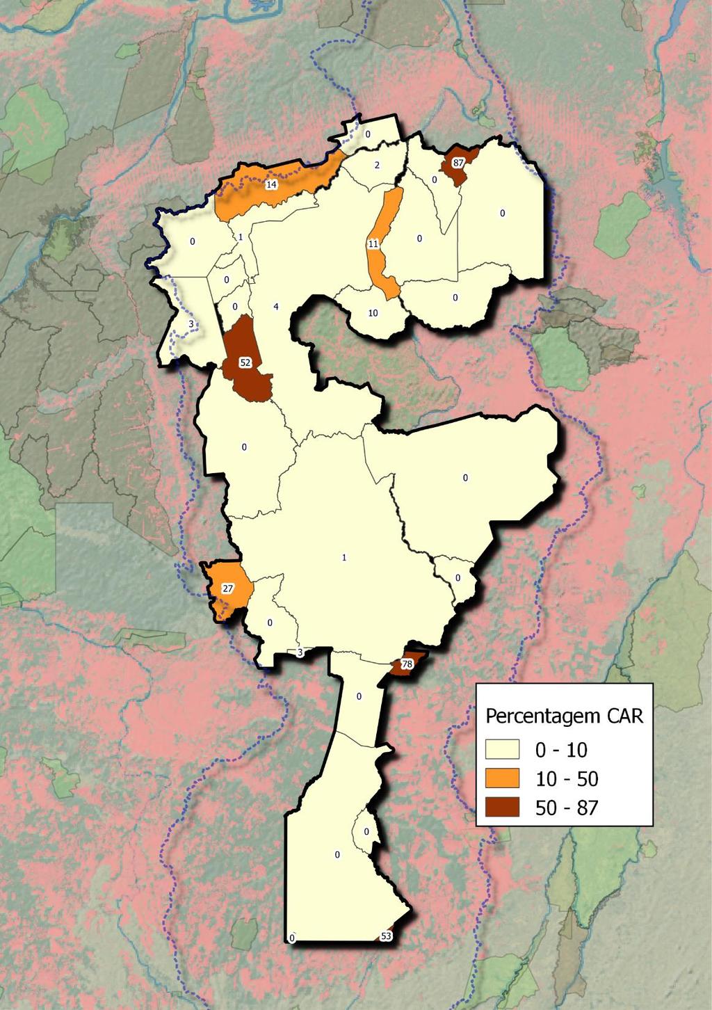 6. Fragilidade fundiária As 10 áreas protegidas que mais possuem CAR privado sobreposto: Área protegida Total CAR AREA TOTAL PERC % TI Ituna/Itatá 123.981 143.249 87% PES do Xingu 74.770 96.