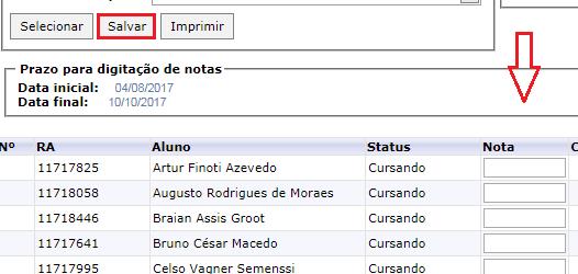 Em seguida, realize o apontamento de notas para os alunos, e ao finalizar clique em Salvar.