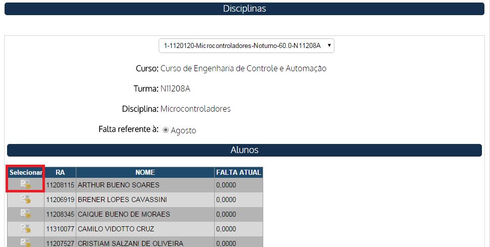 Importante: Somente a etapa de falta vigente será exibida.