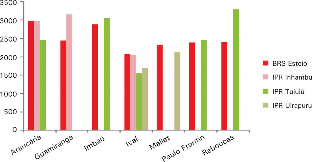 Na Figura 3 observa-se a produtividade da BRS Esteio e das demais cultivares IPR de feijão preto, nos municípios de Araucária, Guamiranga, Imbaú, Ivaí, Mallet, Paulo Frontin e Rebouças.