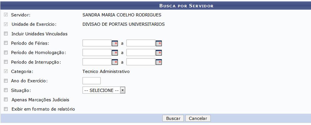 i) Consulta de Férias Passo 1 No Portal do Servidor, selecionar o menu Férias Consulta/Alteração/Exclusão de Férias Será exibida uma tela onde são apresentadas as informações