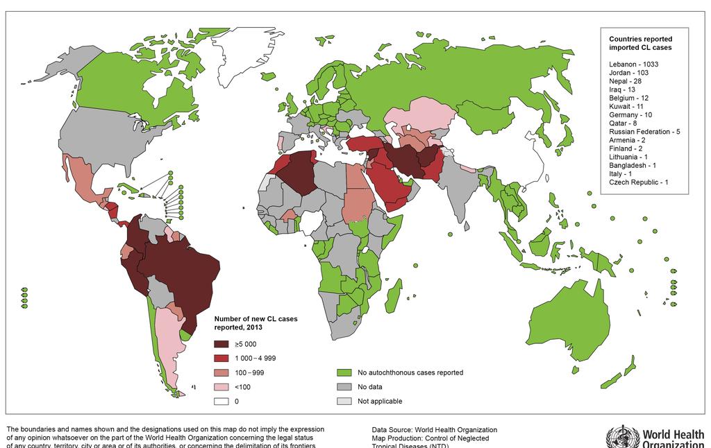 Distribuição Geográfica da Leishmaniose Cutânea (Tegumentar) 1,5 milhão de casos novos por ano (2013) 90% cutâneas: Afeganistão,