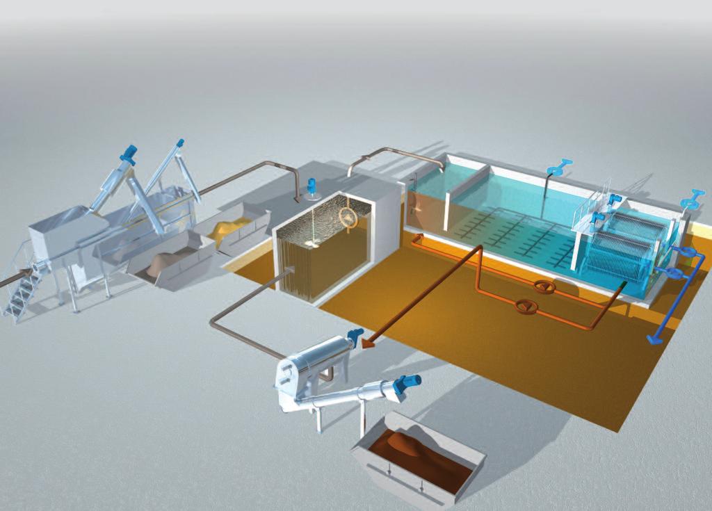 Solução HUBER para o tratamento de águas residuais descentralizado ou semi-centralizado com reutilização a Entrada de água residual b Estação de pré-tratamento: estação compacta HUBER ROTAMAT Ro5 c
