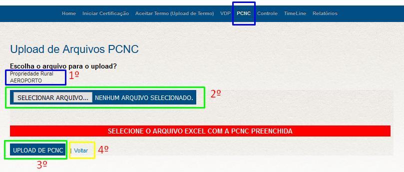 1º Passo: São apresentados dados da Unidade Produtiva. 2º Passo: Selecione o arquivo de PCNC (.xlsx) correspondente a Unidade Produtiva.