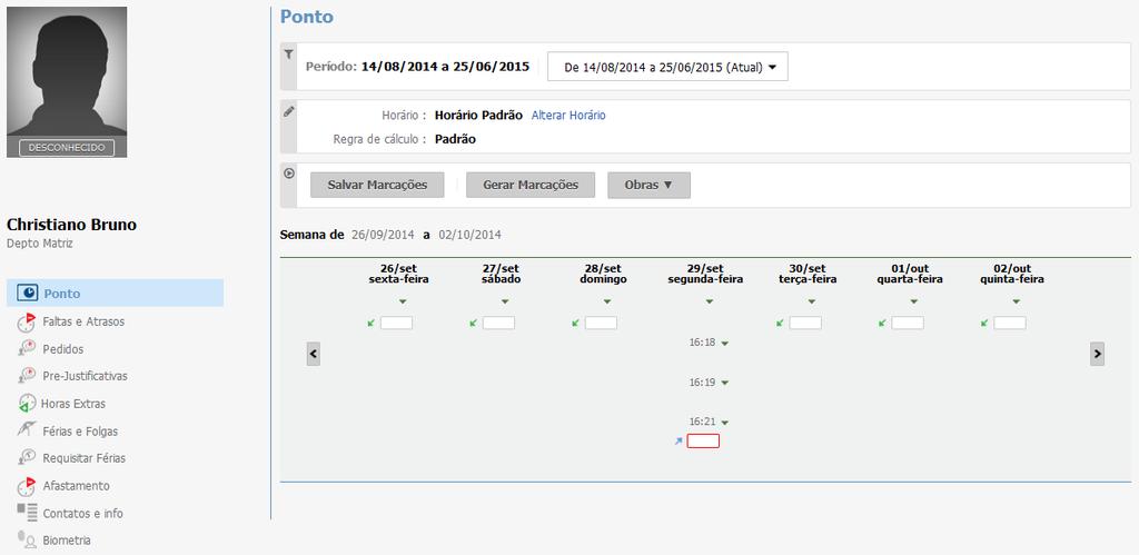 Insira as marcações faltantes. Justifique as alterações na tela a seguir: OBS: A partir dessa tela, é possível alterar o horário de expediente e regra de cálculo.