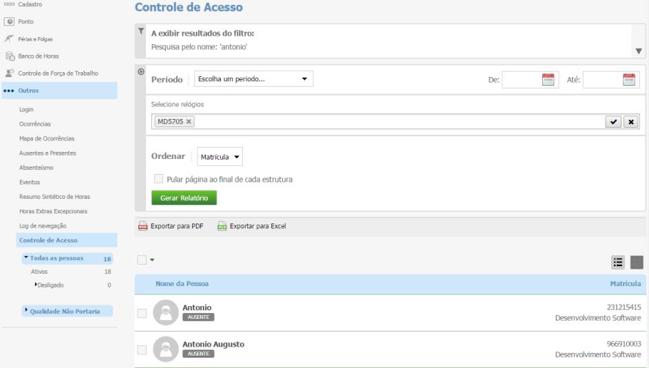 Em seguida, clique em Gerar Relatório. Será exibido um relatório na tela, sobre o qual estarão as opções: Exportar para PDF e Exportar para Excel.