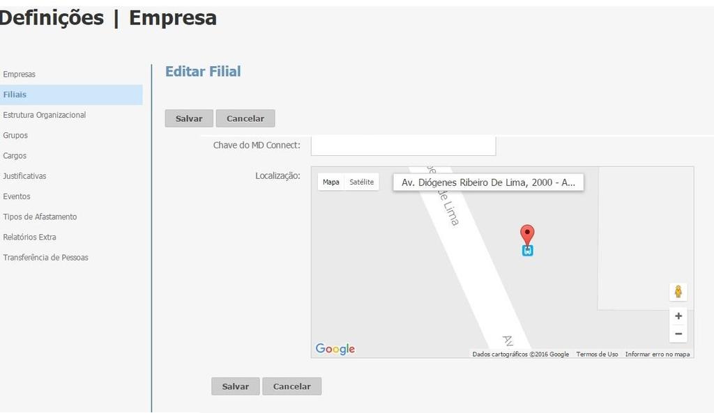 19.9.2 Cadastro Filiais Foi adicionado à rotina Filiais, o novo campo Localização. Digite o endereço em que está localizada a empresa na qual o funcionário realiza o registro de ponto.