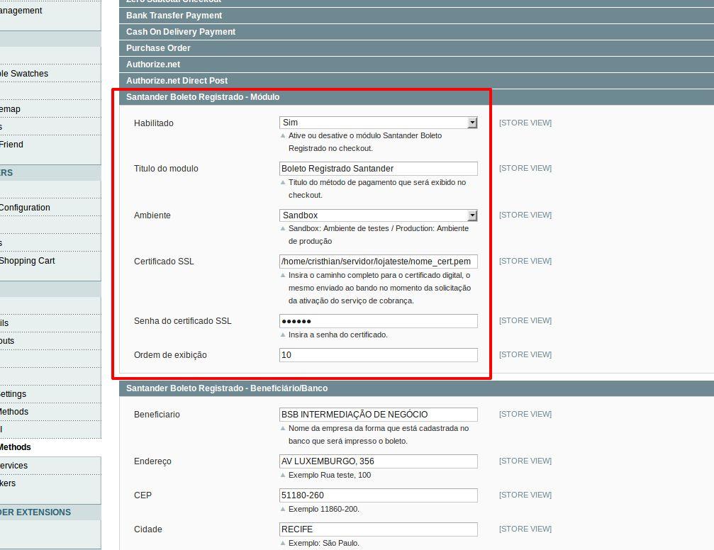 Configuração Módulo Habilitado: - Habilita o Santander Boleto Registrado para ser exibido na tela de finalização de pedidos.