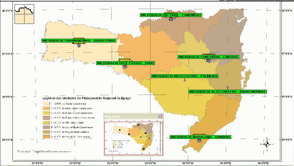 Figura 2. Mapa com a localização das microbacias-piloto nas regiões de Santa Catarina.