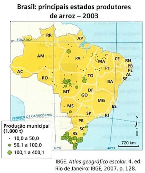 Figura 11 Brasil: principais estados produtores de arroz 2003. Monitor, o mapa representa a produção total de arroz no Brasil, no ano de 2003, por município com produção maior que 10.