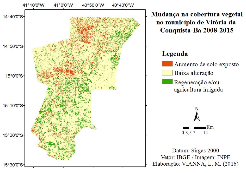 De modo geral, nos dois anos, observou-se predominância de áreas de solo exposto e vegetação de baixa densidade (classe 0-0,299) no município, isso se deve à presença da Floresta Estacional Decidual,