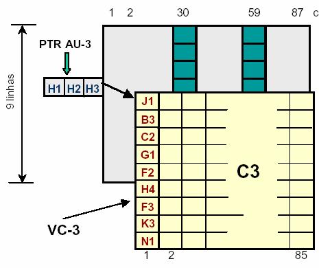 Unidade Administrativa AU-3 A AU-3 é uma estrutura síncrona composta por 9 87+3 bytes, que inclui um VC-3 mais um ponteiro da unidade administrativa AU-3 (PTR-AU-3).
