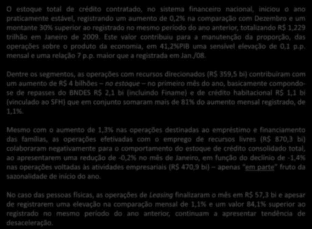 DESTAQUES DE JANEIRO / 2009 O estoque total de crédito contratado, no sistema financeiro nacional, iniciou o ano praticamente estável, registrando um aumento de 0,2% na comparação com Dezembro e um