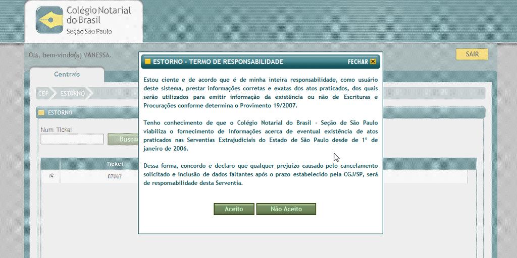 Após a confirmação do estorno o sistema retorna para a tela de busca de