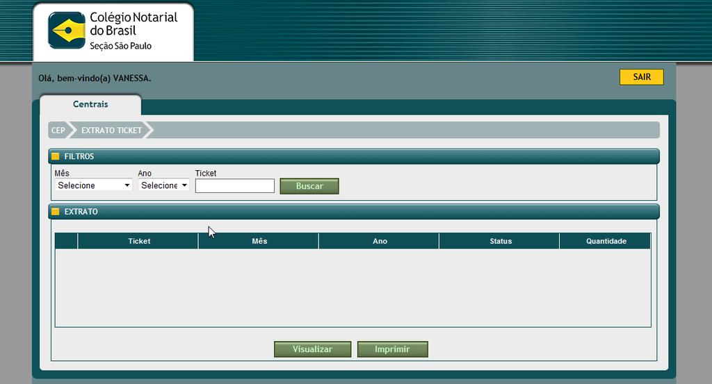 Nesta área o usuário poderá consultar todos os tickets fechados pelo seu cartório. Ao clicar em EXTRATO o sistema irá apresentar os campos de filtro para localização do ticket.