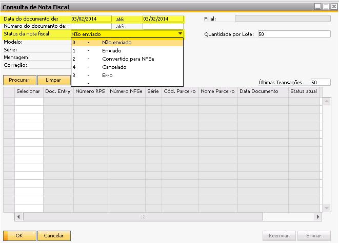 Não Enviado no Status da Nota Tela 39 Informe o