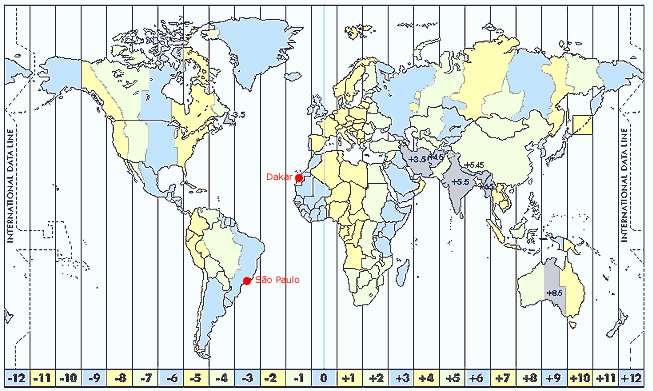 Planisfério dividido em 24 fusos horários e exemplo de duas cidades em dois horários diferentes: São Paulo GMT -3 e Dakar na África
