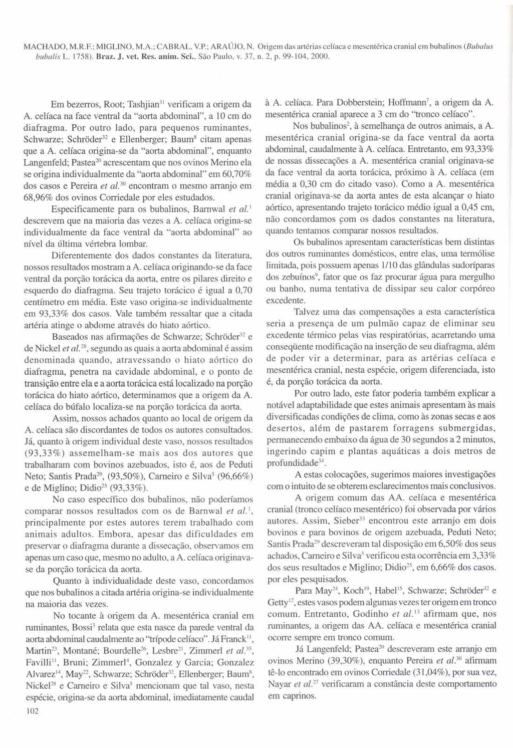MACHADO, M.R.F.; MIGLINO, M.A.; CABRA L, VP: ARAÚJO, N. Origem das artérias celíaca e rnesentérica bubalis L. 1758). Braz. J. veto Res. animo Sei., São Paulo, v. 37, n. 2, p. 99-104, 2000.