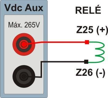 Sequencia para testes do relé 300G no software Manual 1. Conexão do relé ao CE-600X No apêndice A-1 mostram-se as designações dos terminais do relé. 1.1 Fonte Auxiliar Ligue o positivo (borne vermelho) da Fonte Aux.