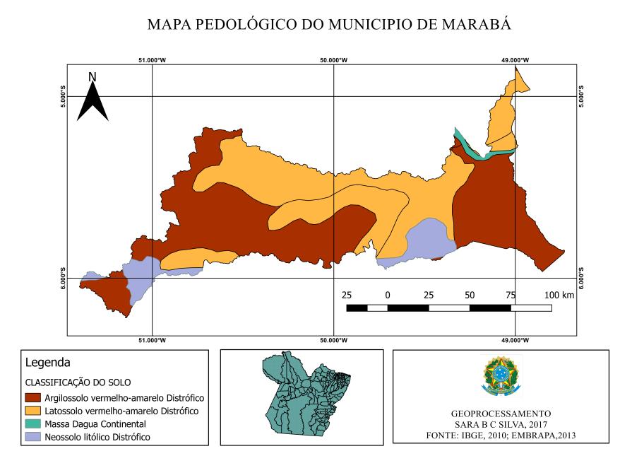 9 Os solos do município de Marabá são classificados em: Argissolo vermelho-amarelo distrófico 10 ; Latossolo 11 vermelho-amarelo distrófico; neossolo 12 litófico distrófico e Massa d agua continental