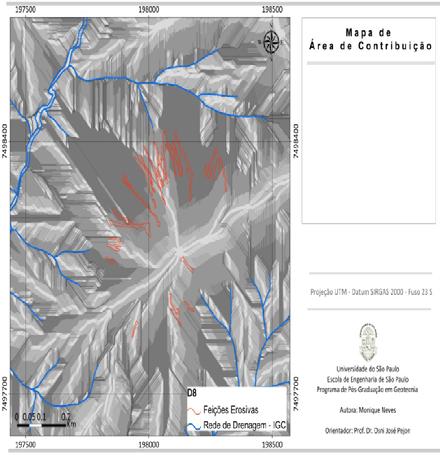 6º Simpósio de Geotecnologias no Pantanal, Cuiabá, MT, 22 a 26 de outubro 2016 Embrapa Informática Agropecuária/INPE, p. 243-244 Figura 9. Mapas de área de contribuição e feições erosivas. 5.