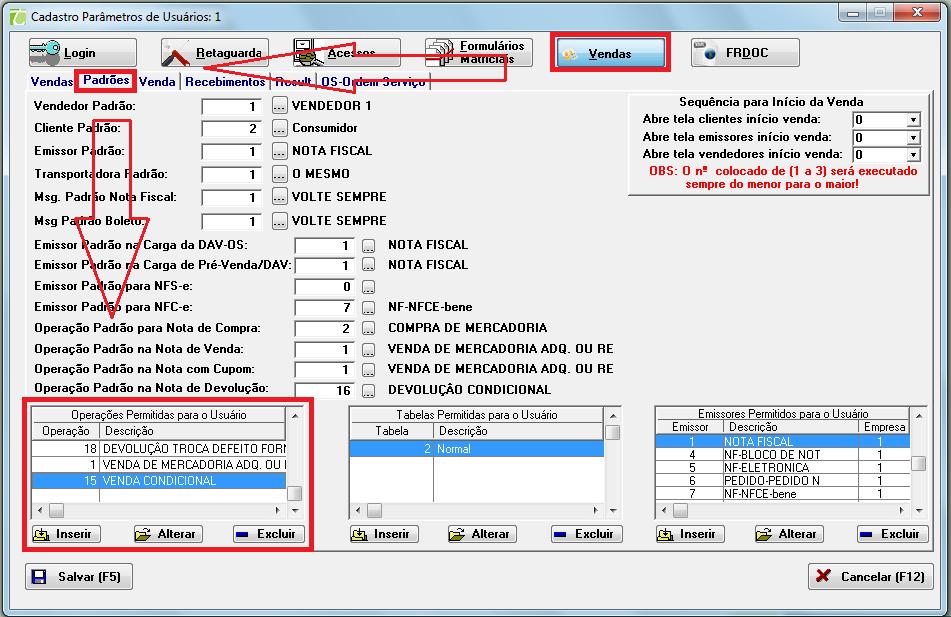 - Tipo de venda Condicional, pois o pagamento só é realizado quando o cliente volta para pagar pelos produtos que irá ficar. - CFOP, deve ser configurada conforme as especificações de cada empresa.