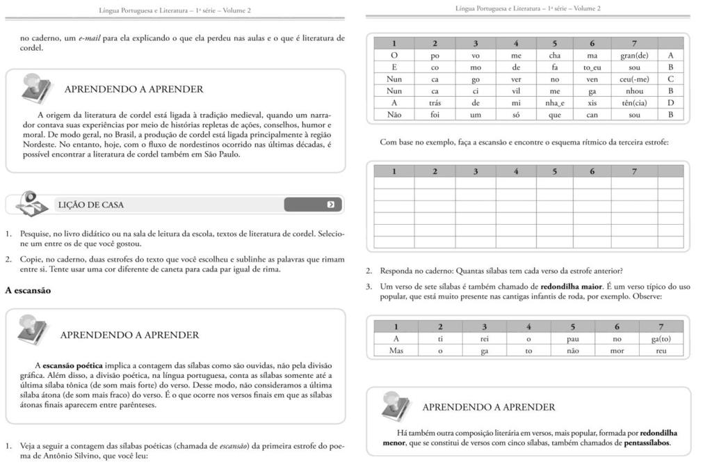 Caderno do Aluno de Língua Portuguesa e Literatura (2014-2017), 1ª série, E.M., volume 2, pp. 68 e 69. Imagem 40: Escansão.