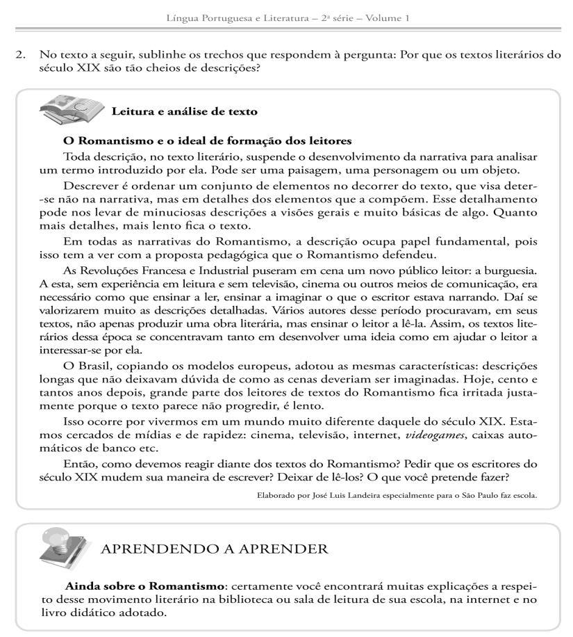 260 Imagem 62: Texto de teoria sobre o Romantismo. Secretaria da Educação do Estado de São Paulo.