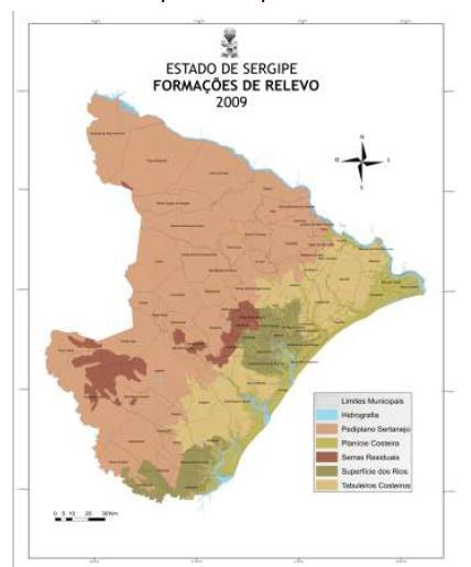 Cinco unidades geomorfológicas constituem o relevo do Estado: a Planície Costeira, Tabuleiros Costeiros, Superfícies dos rios Cotinguiba-Sergipe e do rio Real, Pediplano Sertanejo e serras Residuais.