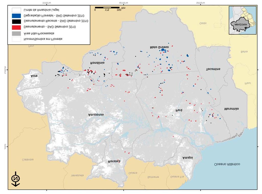 Cobertura de Nuvem e Sombra Em setembro de 010, foi possível monitorar 83% da área com cobertura florestal na Amazônia Legal, pois somente 17% do