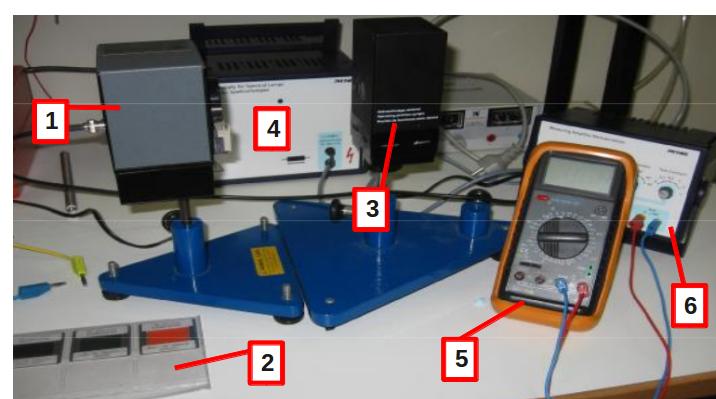 3. Lâmpada de Hg 4. Fonte para lâmpadas espectrais 5. Voltímetros 6. Amplificador (no modo electrometer) Fig. 4: Montagem 2 3 Procedimento experimental 3.1 