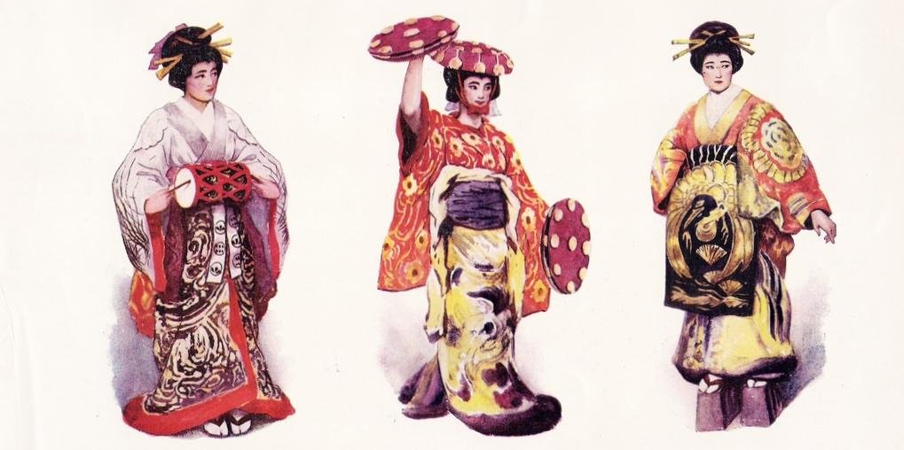 Sada Yacco como Katsuragi, A Gueixa em A Gueixa e o Cavaleiro a partir dos desenhos de F. D. Wallenn A GUEIXA E O CAVALEIRO Em 2 atos Nagoya.... Kawakami Banza.... Tsusaka Músico ambulante.