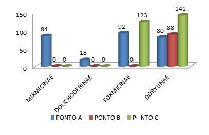 Figura 1: Abundância absoluta das subfamílias Formicidae (Hymenoptera) coletadas com dois tipos de isca nos três