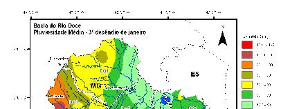 a. b. FIGURA 2: Média decendial de precipitação na bacia do rio Doce do 3º decêndio de janeiro (a) e 1º decêndio de fevereiro (b), caracterizando o início do veranico. Fonte de dados: ANA.